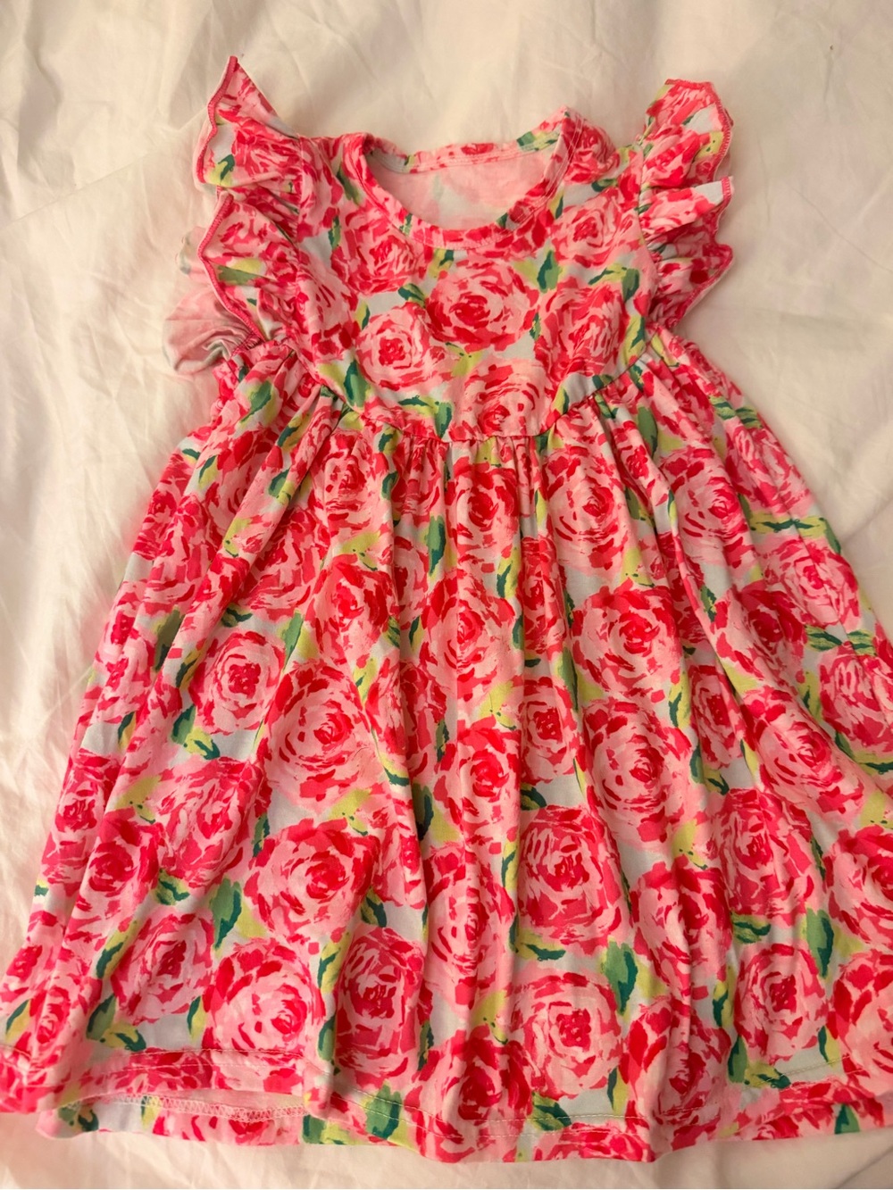 Girls Pink Floral Ruffle-Sleeve Casual Dress